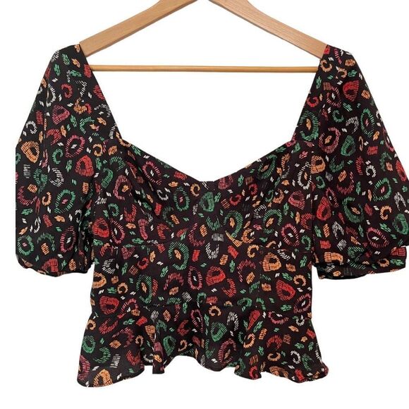 FARM Rio Orange and Black Puff Sleeve Peplum Blouse - Picture 3 of 7